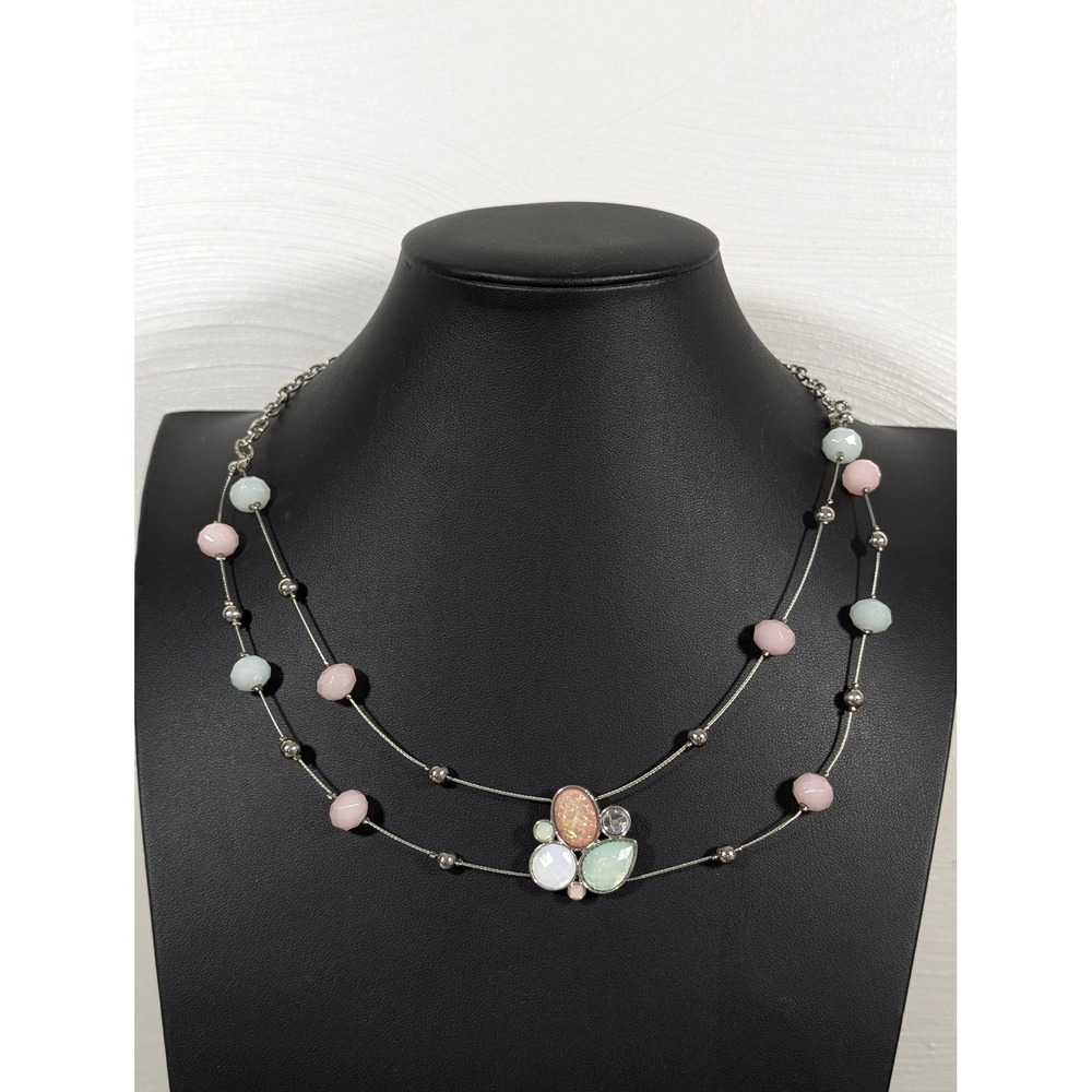 Multi-Wire Pastel Cabochon‎ Necklace 23" Glass & Acrylic Floating Bead Tiered